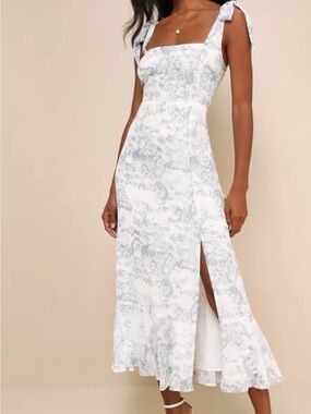 Lulu's White Floral Tie-Shoulder Midi Dress with Side Slit